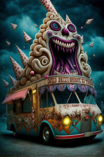 Scary Icecream truck, jack-in-the-box Scary, creepy freakshow carnival, circus, amusement park, rides, ferris wheel, rollercoaster with decorative signs and tents, scared children with balloons Trending on artstation. fantasy theme female devils and twisted trees in the stormy background in style of Mottla Brutal Art --stylize 1000 --style 4b --aspect 2:3 --q 2 --v 4