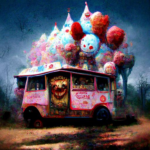 Scary Icecream truck, jack-in-the-box Scary, creepy freakshow carnival, circus, amusement park, rides, ferris wheel, rollercoaster with decorative signs and tents, scared children with balloons Trending on artstation. fantasy theme female devils and twisted trees in the stormy background in style of Mottla Brutal Art --aspect 14:13 --quality 2 --style 7000