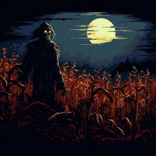 Scary Scarecrow in withered cornfield at night. 8-bit pixel art