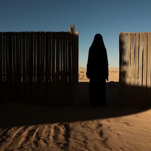 Scary Shadow figure with as a head against a dark fence in the desert.