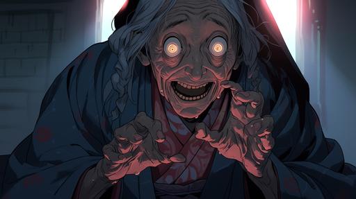 Scary looking old Asian woman telling stories --ar 16:9 --niji 5