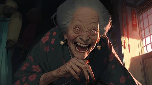 Scary looking old Asian woman telling stories --ar 16:9 --niji 5