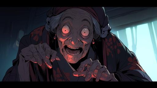 Scary looking old Asian woman telling stories --ar 16:9 --niji 5