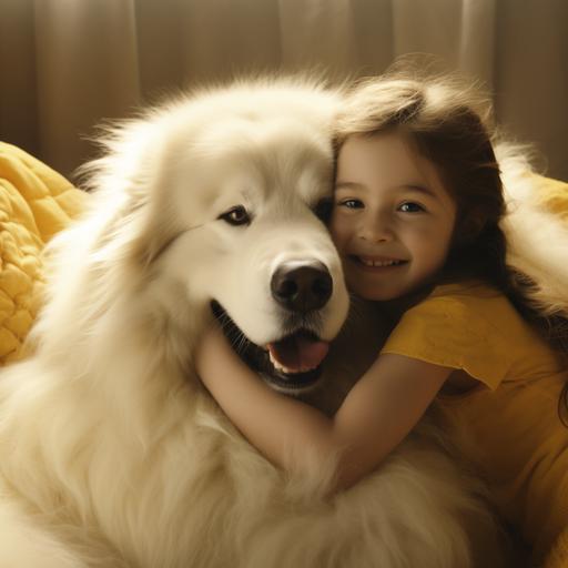Scene: - Location: Inside a yellow room. - Characters: - A snow-white, super-sized dog, peacefully curled up. - A 4-year-old little girl, seated in the dog's embrace. - Description: - The large dog, enormous and strong, with soft fur, bright eyes, and a friendly expression. - The little girl, as if sharing an affectionate connection with the dog, wears an angelic smile on her face, her big eyes filled with happiness and warmth. - She has short bangs that intermingle with the dog's fur. - Overall Atmosphere: The scene is filled with warmth, intimacy, and affection, portraying a special bond and deep emotional connection between a person and her pet. It's a moment brimming with happiness and tenderness, as if time stands still, making one feel immensely content and happy.