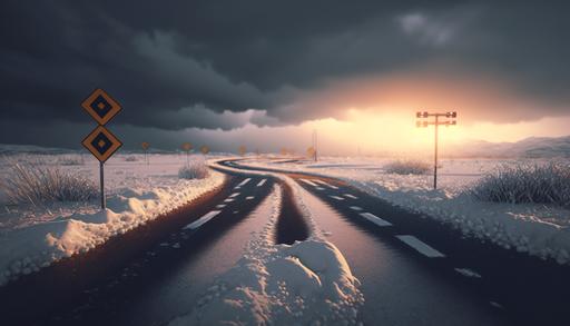 Scene full of snow with a road ahead, insane details, beautiful color graded, photorealistic scene, natural lightning, golden hour, volumetric, photorealistic image of a scene with a road that has a crossroad ahead with a left path on the crossroad, left turn sign before the crossroad, The left path is blocked though because of extreme snow, only on that left turn, the current road is not blocked. Editorial photograph at golden hour as if taken from inside a car, beautiful, photorealistic, clean road in front of the car, road blocked on the left from snow, insane details, ultra photoreal, ultra-detailed, super detailed, full color, high contrast, HDR, 8k --ar 16:9