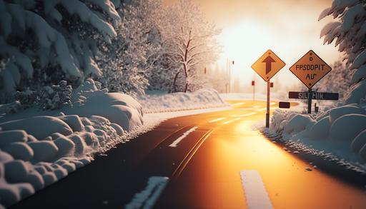 Scene full of snow with a road ahead, insane details, beautiful color graded, photorealistic scene, natural lightning, golden hour, volumetric, photorealistic image of a scene with a road that has a crossroad ahead with a left path on the crossroad, left turn sign before the crossroad, The left path is blocked though because of extreme snow, only on that left turn, the current road is not blocked. Editorial photograph at golden hour as if taken from inside a car, beautiful, photorealistic, clean road in front of the car, road blocked on the left from snow, insane details, ultra photoreal, ultra-detailed, super detailed, full color, high contrast, HDR, 8k --ar 16:9