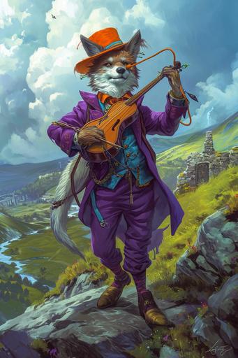 Scenic anime art style, cute wireframe hologram wolf bard with a purple suitcoat and floppy orange top hat, brandishing a lute, cloudy skies, rolling green hills, mysterious ancient ruins in the distance --ar 2:3 --v 6.0