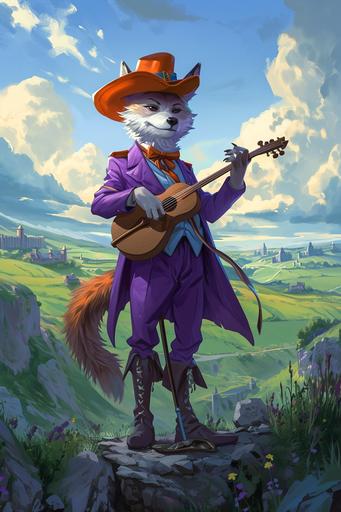 Scenic anime art style, cute wireframe hologram wolf bard with a purple suitcoat and floppy orange top hat, brandishing a lute, cloudy skies, rolling green hills, mysterious ancient ruins in the distance --ar 2:3 --v 6.0