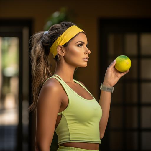 Scheana shay as a Pickle ball player, facing right, profile position, wearing a headband, arms by her side, holding a picke ball paddle in her hand, 4k dslr, raw style