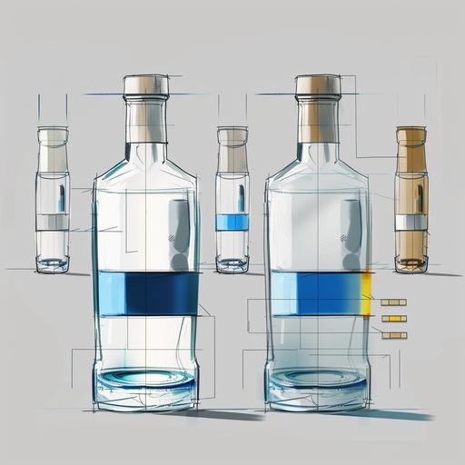 Schematic diagram of the physical design of about 275ml bottled liquor, realistic style. Transparent glass, the label design is simple, with blue color blocks as the main color, and other auxiliary color blocks are spliced. There are two bottles in total, and the design should have a sense of series.