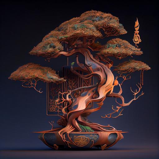 3/4 view of an elegant cypress bonsai , fusion of cut mahogany woodblock and oxidized copper and scrap metal, fusion of art nouveau and salvagepunk, James Jean, very detailed, studio photography, centered composition, negative space, realistic 4k --q 2 --v 4 --upbeta