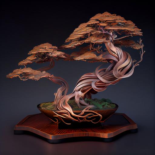 3/4 view of an elegant cypress bonsai , fusion of cut mahogany woodblock and oxidized copper and scrap metal, fusion of art nouveau and salvagepunk, James Jean, very detailed, studio photography, centered composition, negative space, realistic 4k --q 2 --v 4 --upbeta