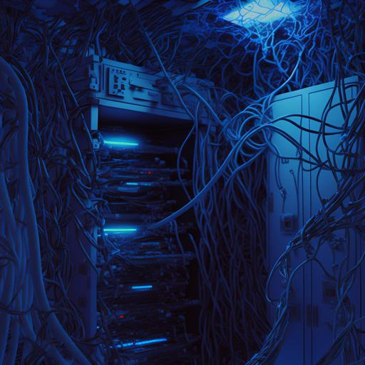 interior of a cluttered server closet with cables made of vines, blue bioluminescent led above the server rack, 3d,detailed, centered focus, uncropped, 4k --q 2 --v 4 --v 4