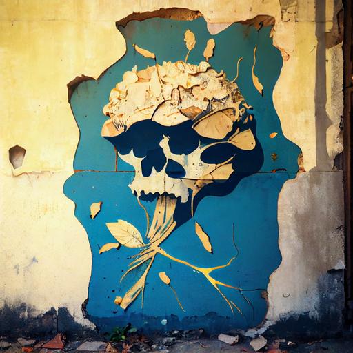 mushrooms , woodblock print stencil graffiti , on a shaded rough cracked plaster wall bordered in peeling paint and brocken plaster like torn paper, by James Jean, detailed, centered composition, negative space, 4k --q 2 --v 4 --upbeta --no paper