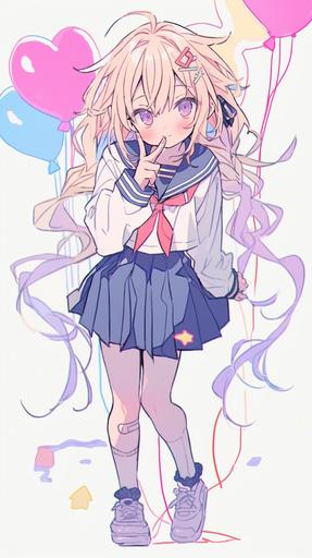 Schoolgirl, girl, sailor uniform, round face, big eyes, hair tied in twin tails on both sides, head-to-body ratio of 1:4, wearing little leather shoes. --ar 9:16 --chaos 52 --s 614 --niji 5