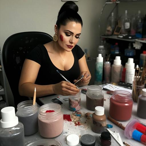 modern, ultra-realistic, latina woman making handmade cosmetics