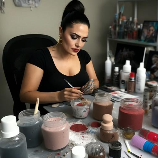 modern, ultra-realistic, latina woman making handmade cosmetics
