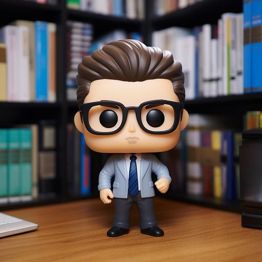 Schwinger Wong wearing white shirt, black trousers and blue tie, as a real-life Funko Pop