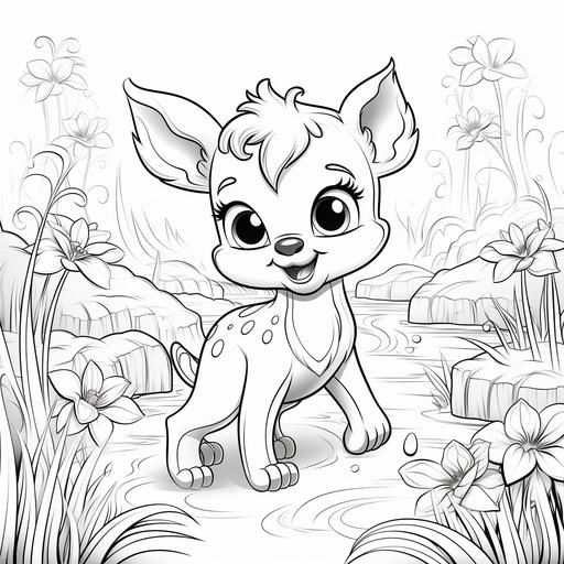 coloring page for kids, simple, baby dear fairy, surrounded by nature, no shading, thick lines, cartoon style, no color, black and white