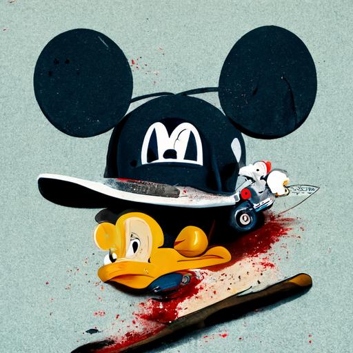 mickey mouse with a trucker cap, holding a knife and a dead Donald duck