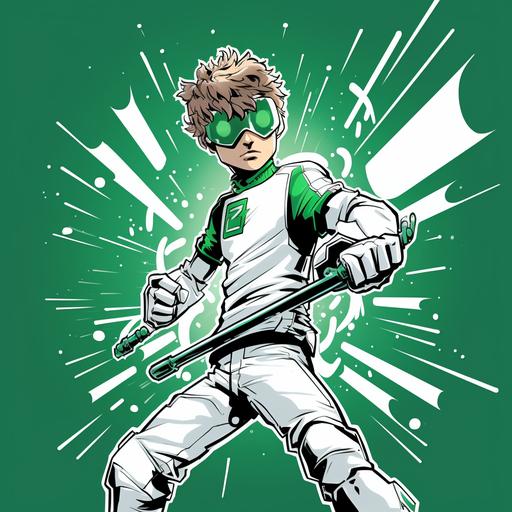 Scott Pilgrim cartoon style, Young guy, Futuristic chrome Super hero suit in white with green highlights, Sci fi sledge hammer of shoulder