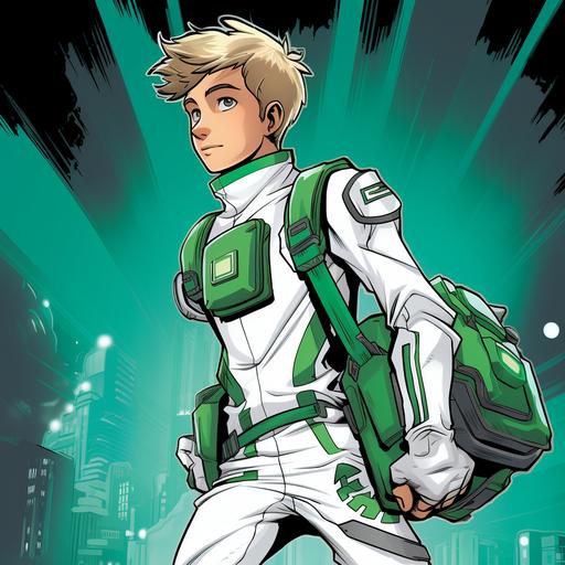 Scott Pilgrim cartoon style, thick line Comic book style, Young guy, Futuristic chrome Superhero suit in white with green highlights, Sci-fi satchel on left side