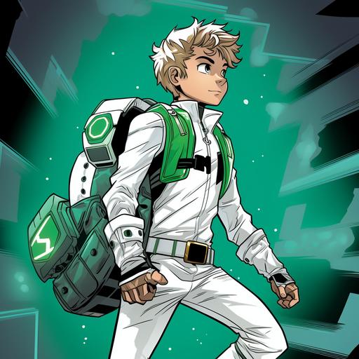 Scott Pilgrim cartoon style, thick line Comic book style, Young guy, Futuristic chrome Superhero suit in white with green highlights, Sci-fi satchel on left side