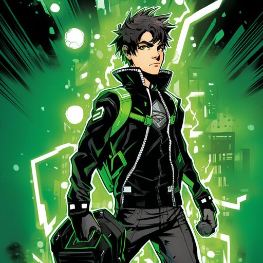 Scott Pilgrim cartoon style, thick line Comic book style, Young guy, Futuristic chrome Superhero suit in black with green highlights, Sci-fi satchel on left side