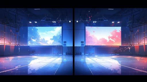 Screen vs, half a blue screen half a red screen, a stage on each side --ar 16:9 --s 250 --niji 5