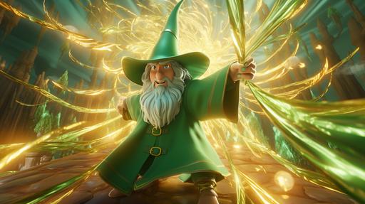 Screengrab, photorealistic, follow the yellow brick road with a sloth wizard dressed in emerald green robes and a pointed hat. His staff holds the power of Oz. Unreal graphics transport observers to the fantastical world beyond the rainbow, detailed anime illustration meets cell shading and clean art style, accompanied by soft shadows reminiscent of the key visuals in The Wizard of Oz Theme --ar 16:9 --v 5.2 --s 108 --style raw