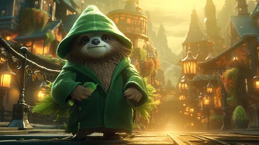 Screengrab, photorealistic, follow the yellow brick road with a sloth wizard dressed in emerald green robes and a pointed hat. His staff holds the power of Oz. Unreal graphics transport observers to the fantastical world beyond the rainbow, detailed anime illustration meets cell shading and clean art style, accompanied by soft shadows reminiscent of the key visuals in The Wizard of Oz Theme --ar 16:9 --v 5.2 --style raw