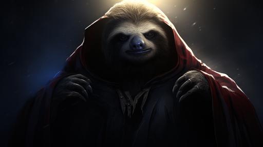 Screengrab, photorealistic, portrait, a sloth wizard emerges in a cape and cowl, symbolizing justice. His eyes gleam with a mysterious wisdom. Unreal graphics intensify the brooding atmosphere of The Dark Knight, Gotham, detailed anime illustration meets cell shading and clean art style, accompanied by soft shadows reminiscent of the key visuals in 