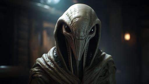 Screengrab, photorealistic, portrait, the Alien theme, a sloth wizard with biomechanical robes, resembling the infamous Xenomorph. His eyes glow with extraterrestrial intelligence, and unreal graphics intensify the spine-chilling atmosphere, detailed cinematic styll shot meets realistic chiaroscuro and clean art style, accompanied by soft shadows reminiscent of the key visuals in 