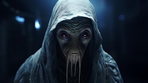 Screengrab, photorealistic, portrait, the Alien theme, a sloth wizard with biomechanical robes, resembling the infamous Xenomorph. His eyes glow with extraterrestrial intelligence, and unreal graphics intensify the spine-chilling atmosphere, detailed cinematic styll shot meets realistic chiaroscuro and clean art style, accompanied by soft shadows reminiscent of the key visuals in 