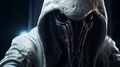 Screengrab, photorealistic, portrait, the Xenomorph theme, a sloth wizard with biomechanical robes, resembling the infamous xenomorph. His eyes glow with extraterrestrial intelligence, and unreal graphics intensify the spine-chilling atmosphere, detailed cinematic styll shot meets realistic chiaroscuro and clean art style, accompanied by soft shadows reminiscent of the key visuals in 