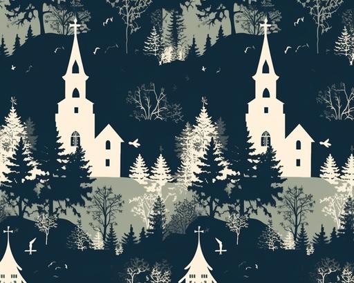 Seamless and repeating pattern, illustrated style, tri-tone, country church silhouette, seal pattern, vector art, high resolution, vintage shabby chic wallpaper, vector art, high resolution --ar 5:4