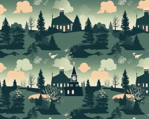 Seamless and repeating pattern, illustrated style, tri-tone, country church silhouette, seal pattern, vector art, high resolution, vintage shabby chic wallpaper, vector art, high resolution --ar 5:4