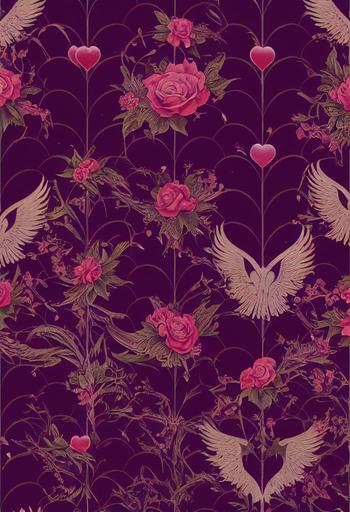 Seamless pattern , barocco tattoos like hearts , Angels, wings , roses , extremely detailed , octane render --test --ar 9:16 --upbeta