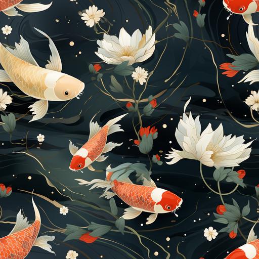 Seamless repeating pattern, tiny red and golden koi fish, lily pads, and water, 1950s wallpaper style, watercolor ink, --tile --s 500