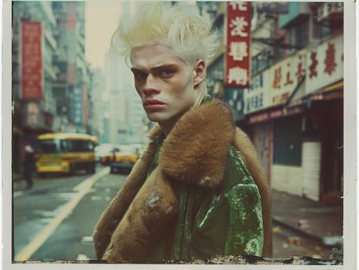 Sean O'Pry as a handsome albino guy in 1968 with white skin, albino, white hair, hollywood wave hairstyle, dressed in green silk and massive brown fur coat, walks in Hong Kong, polaroid clored pictures taken by Kodak 1960, 70's filter polaroid tape, contemporary, symmetry, cinematic --ar 4:3 --v 6.0