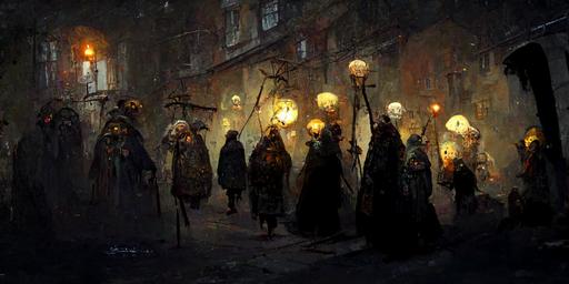 realistic concept art of a crowd of old crones and wizards holding pikes with skulls in old arched alleyway with cobblestones and glowing victorian lanterns on Old London, Baba Yaga, muted colors, mysterious, --w 512