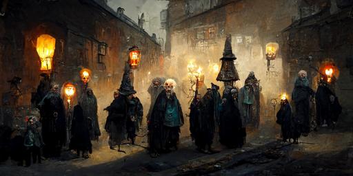 realistic concept art of a crowd of old crones and wizards holding pikes with skulls in old arched alleyway with cobblestones and glowing victorian lanterns on Old London, Baba Yaga, muted colors, mysterious, --w 512