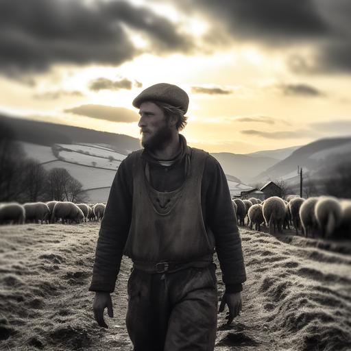 (Seasons change, and we see Tim enduring the challenges of each season.) Caption: Winter meant carrying fodder to the sheep pens, while spring required sleepless nights to assist with lambing. In summer, he tirelessly searched for stray lambs, and all year long, he protected his flock from danger.