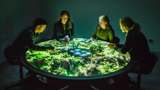 Seated around a circular table bathed in the glow of an interactive 3D landscape, a group of environmental scientists in their thirties delves into climate change scenarios. The table projects vivid ecosystems undergoing transformations due to varying climate models. This immersive tool sparks dynamic discussions on sustainability and conservation strategies, set within a minimalist space that emphasizes the gravity and urgency of their mission --ar 16:9 --chaos 10 --s 50.