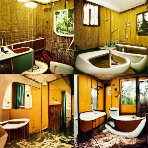 Secluded flooded bathroom 70s