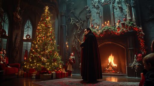 See as Dracula wearing a ugly sweater , an ugly christmas sweater,next to a big highly decorated Christmas tree. fireplace in the background, happy children gathering around. --ar 16:9 --v 6.0 --style raw