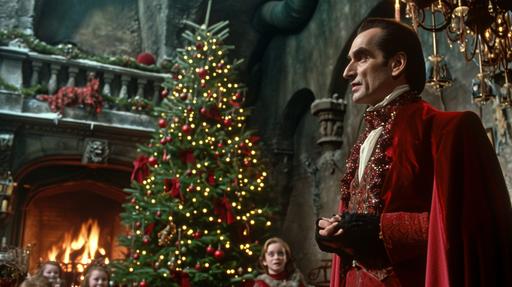 See as Dracula wearing a ugly sweater , an ugly christmas sweater,next to a big highly decorated Christmas tree. fireplace in the background, happy children gathering around. --ar 16:9 --v 6.0 --style raw