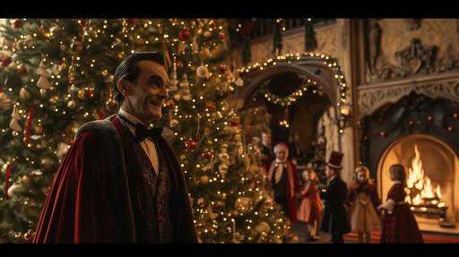 See as Dracula wearing a ugly sweater , an ugly christmas sweater,next to a big highly decorated Christmas tree. fireplace in the background, happy children gathering around. --ar 16:9 --v 6.0 --style raw