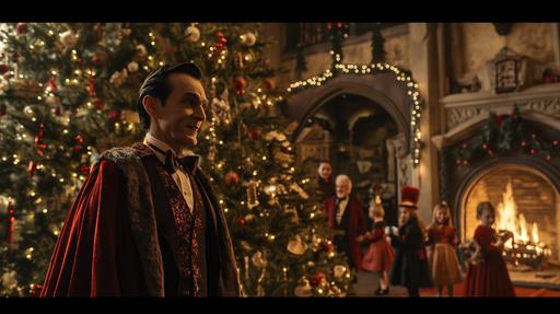 See as Dracula wearing a ugly sweater , an ugly christmas sweater,next to a big highly decorated Christmas tree. fireplace in the background, happy children gathering around. --ar 16:9 --v 6.0 --style raw