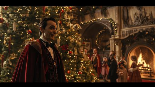 See as Dracula wearing a ugly sweater , an ugly christmas sweater,next to a big highly decorated Christmas tree. fireplace in the background, happy children gathering around. --ar 16:9 --v 6.0 --style raw